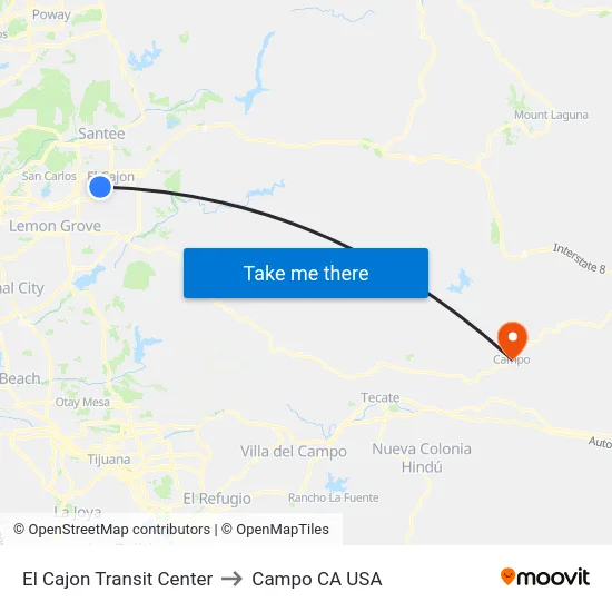 El Cajon Transit Center to Campo CA USA map