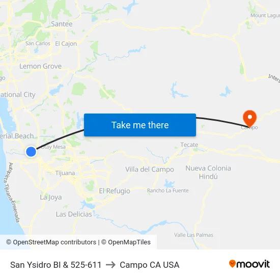San Ysidro Bl & 525-611 to Campo CA USA map