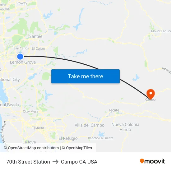 70th Street Station to Campo CA USA map