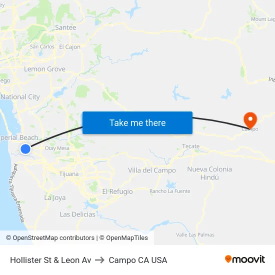 Hollister St & Leon Av to Campo CA USA map