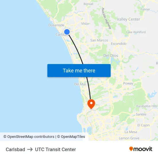 Carlsbad to UTC Transit Center map