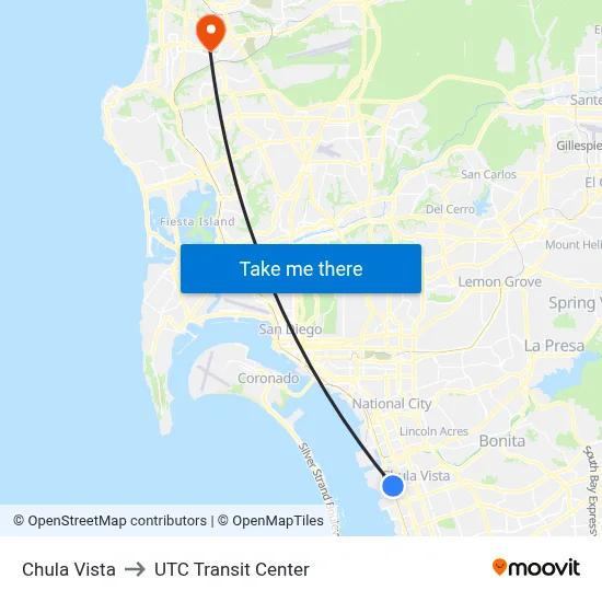 Chula Vista to UTC Transit Center map