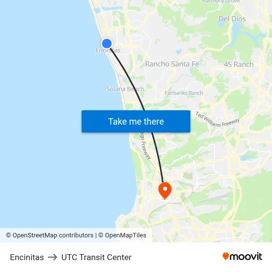 Encinitas to UTC Transit Center map