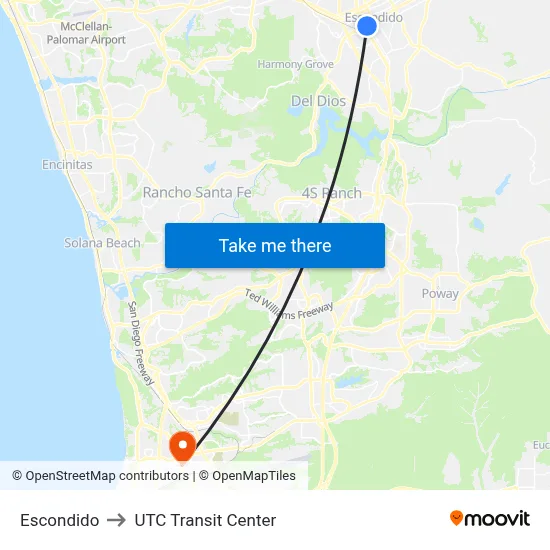 Escondido to UTC Transit Center map