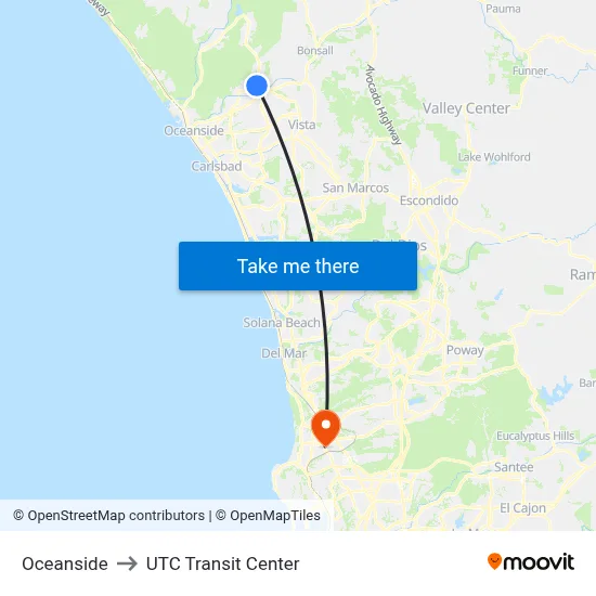 Oceanside to UTC Transit Center map