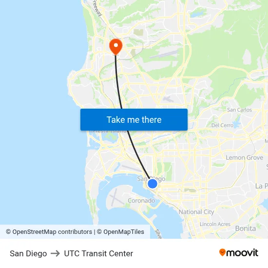 San Diego to UTC Transit Center map