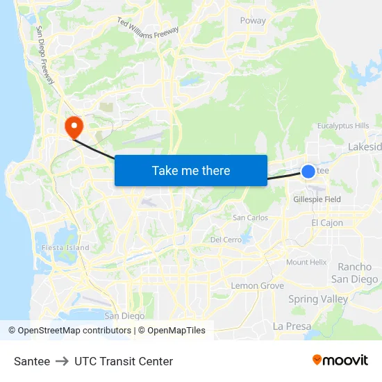 Santee to UTC Transit Center map