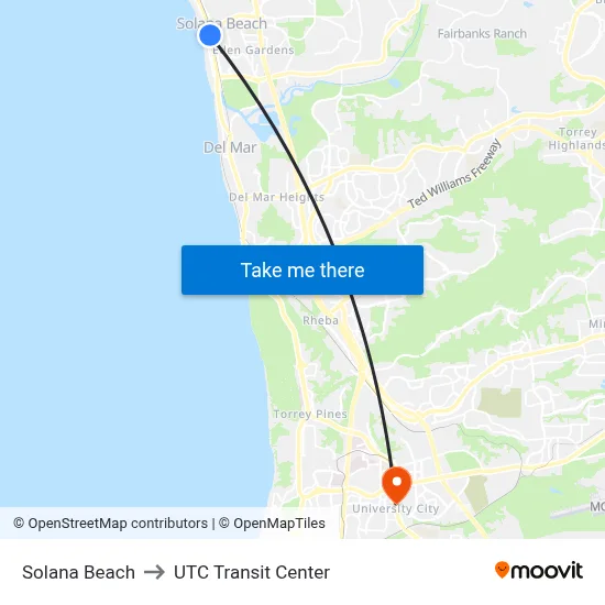 Solana Beach to UTC Transit Center map