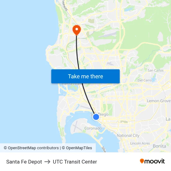 Santa Fe Depot to UTC Transit Center map