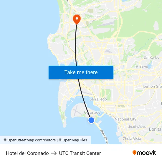 Hotel del Coronado to UTC Transit Center map
