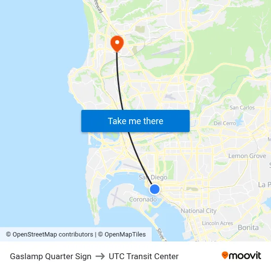 Gaslamp Quarter Sign to UTC Transit Center map