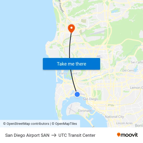 San Diego Airport SAN to UTC Transit Center map