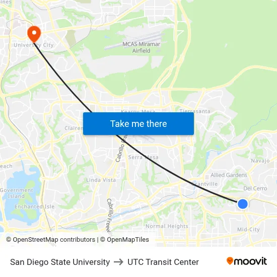 San Diego State University to UTC Transit Center map