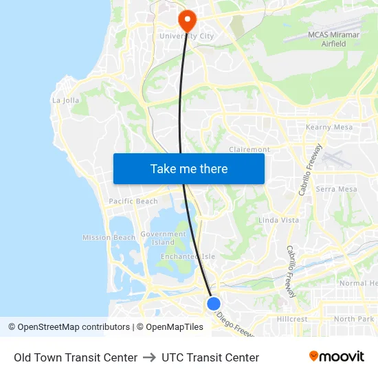 Old Town Transit Center to UTC Transit Center map