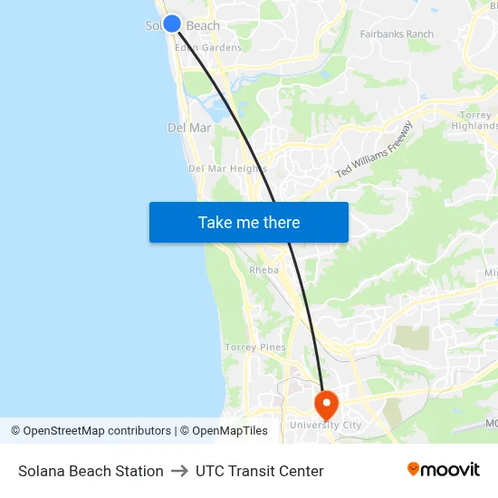 Solana Beach Station to UTC Transit Center map