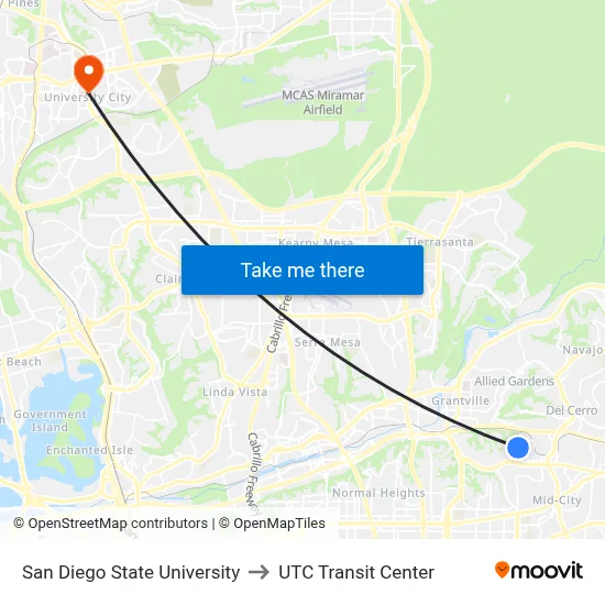San Diego State University to UTC Transit Center map