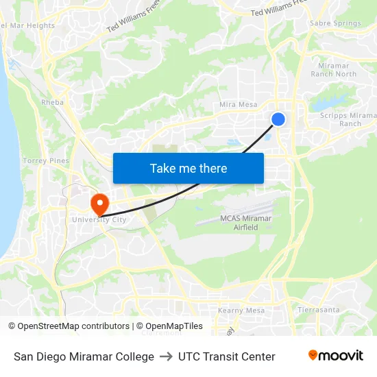 San Diego Miramar College to UTC Transit Center map