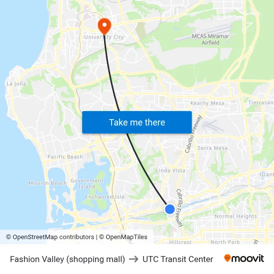 Fashion Valley (shopping mall) to UTC Transit Center map