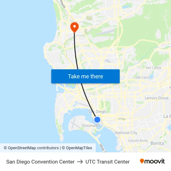 San Diego Convention Center to UTC Transit Center map