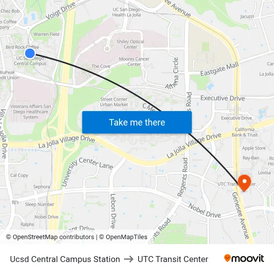 Ucsd Central Campus Station to UTC Transit Center map