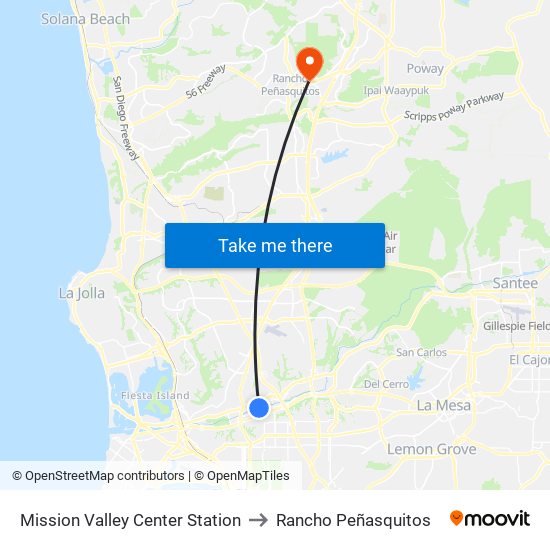 Mission Valley Center Station to Rancho Peñasquitos map