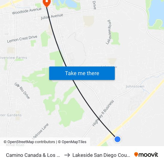 Camino Canada & Los Coches Rd to Lakeside San Diego County CA USA map