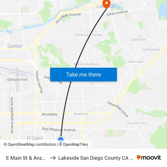 E Main St & Anza St to Lakeside San Diego County CA USA map