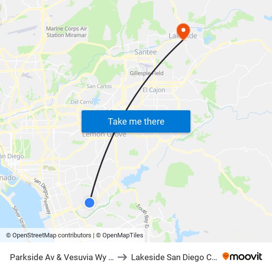 Parkside Av & Vesuvia Wy (Parkside Park) to Lakeside San Diego County CA USA map