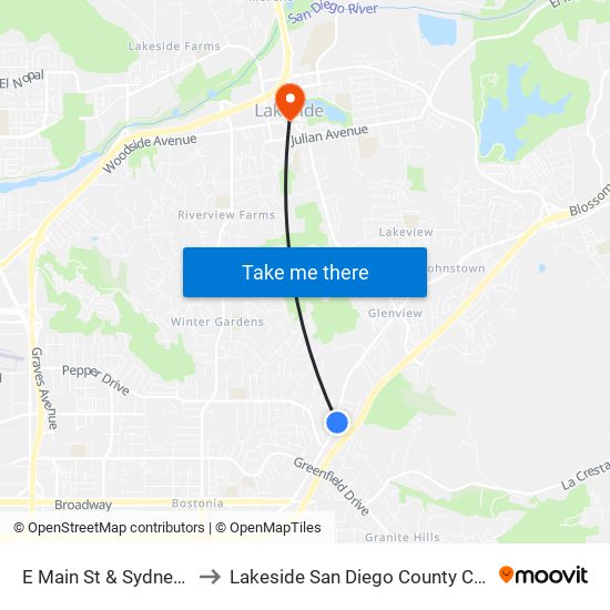 E Main St & Sydney Ter to Lakeside San Diego County CA USA map
