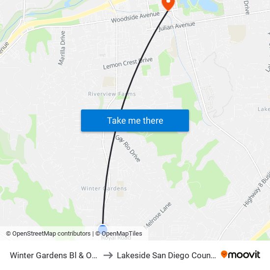 Winter Gardens Bl & Orchard Rd to Lakeside San Diego County CA USA map
