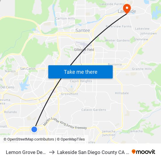 Lemon Grove Depot to Lakeside San Diego County CA USA map