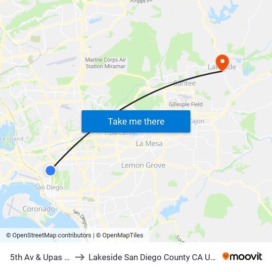 5th Av & Upas St to Lakeside San Diego County CA USA map