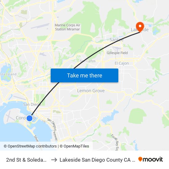 2nd St & Soledad Pl to Lakeside San Diego County CA USA map