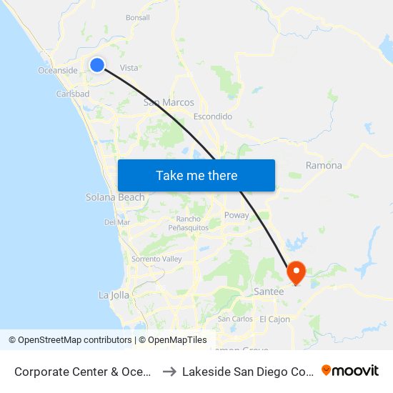 Corporate Center & Ocean Ranch Blvd to Lakeside San Diego County CA USA map