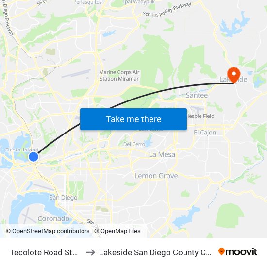 Tecolote Road Station to Lakeside San Diego County CA USA map