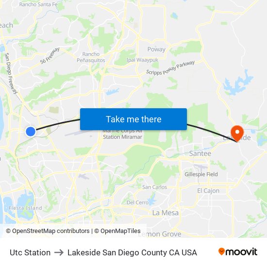 Utc Station to Lakeside San Diego County CA USA map