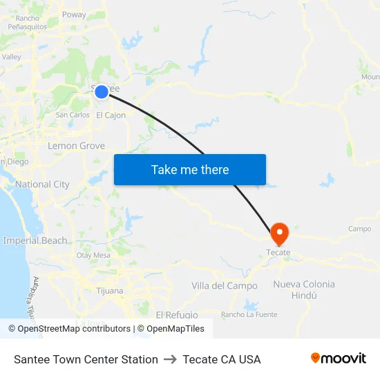 Santee Town Center Station to Tecate CA USA map