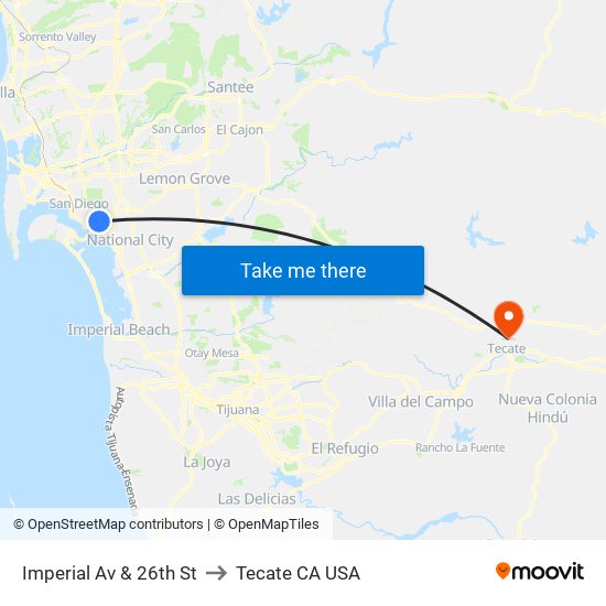 Imperial Av & 26th St to Tecate CA USA map