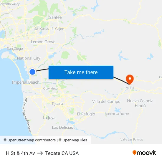 H St & 4th Av to Tecate CA USA map