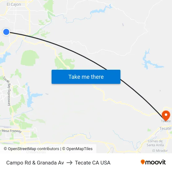 Campo Rd & Granada Av to Tecate CA USA map