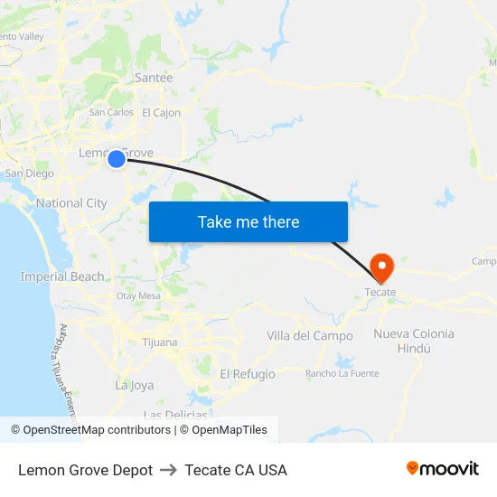 Lemon Grove Depot to Tecate CA USA map