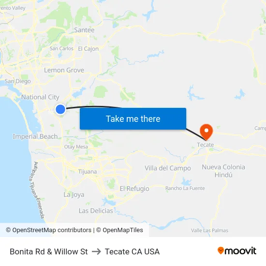 Bonita Rd & Willow St to Tecate CA USA map