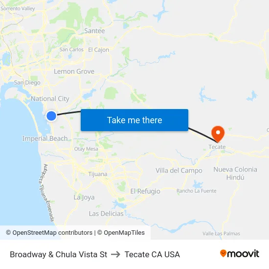 Broadway & Chula Vista St to Tecate CA USA map