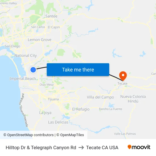 Hilltop Dr & Telegraph Canyon Rd to Tecate CA USA map