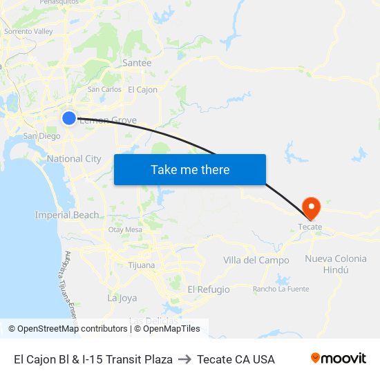 El Cajon Bl & I-15 Transit Plaza to Tecate CA USA map