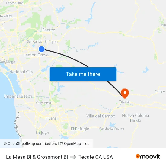 La Mesa Bl & Grossmont Bl to Tecate CA USA map