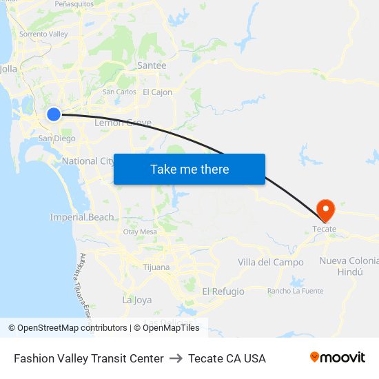 Fashion Valley Transit Center to Tecate CA USA map