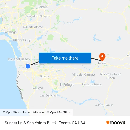 Sunset Ln & San Ysidro Bl to Tecate CA USA map