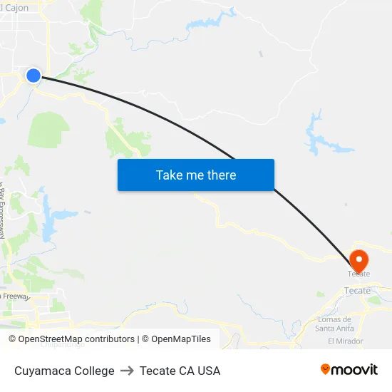 Cuyamaca College to Tecate CA USA map