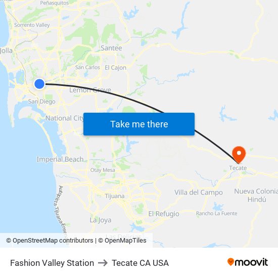 Fashion Valley Station to Tecate CA USA map